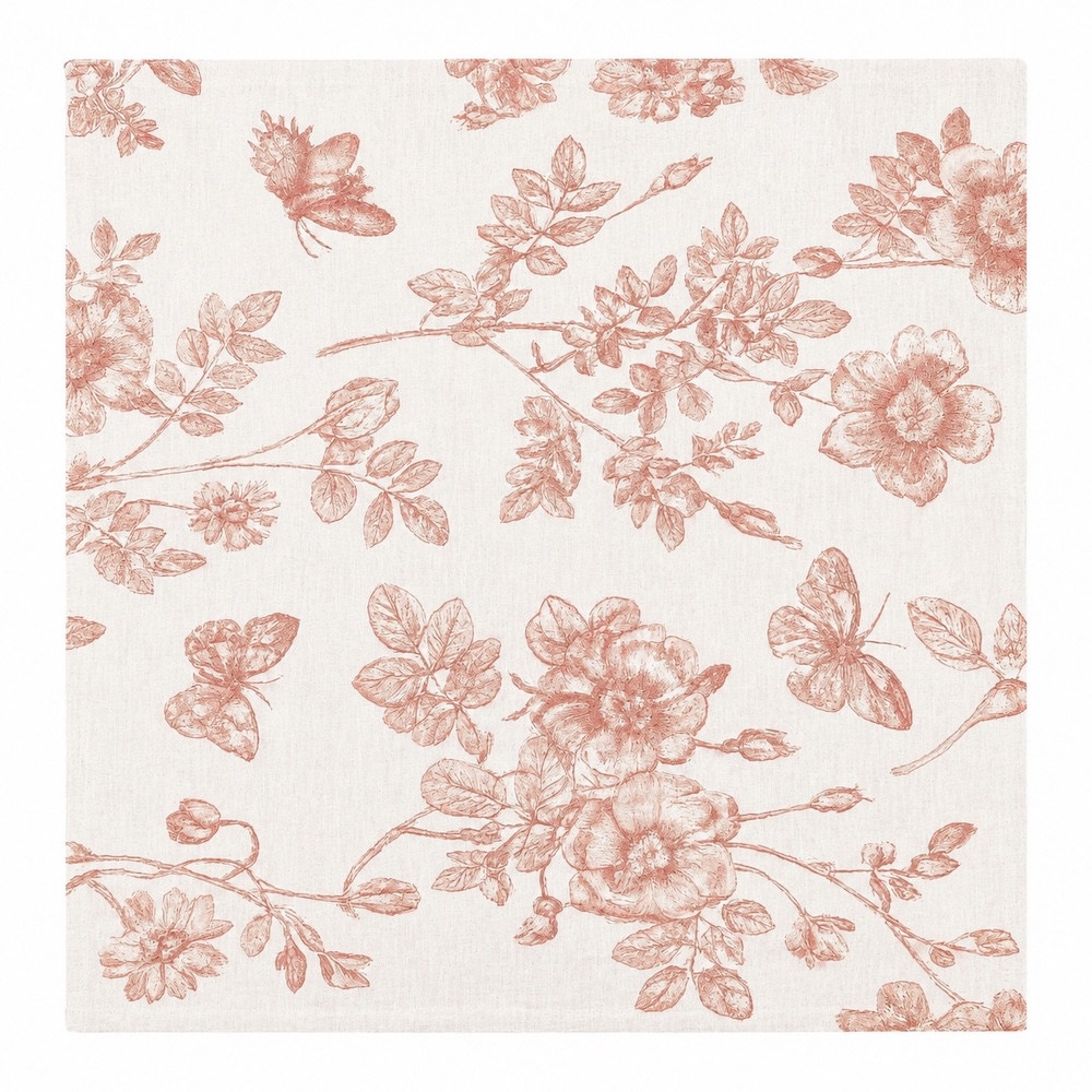 Detailaufnahme einer French countryside Leinentischdecke mit floralem Toile-de-Jouy-Muster in Rosewood und Schmetterlingsmotiven.